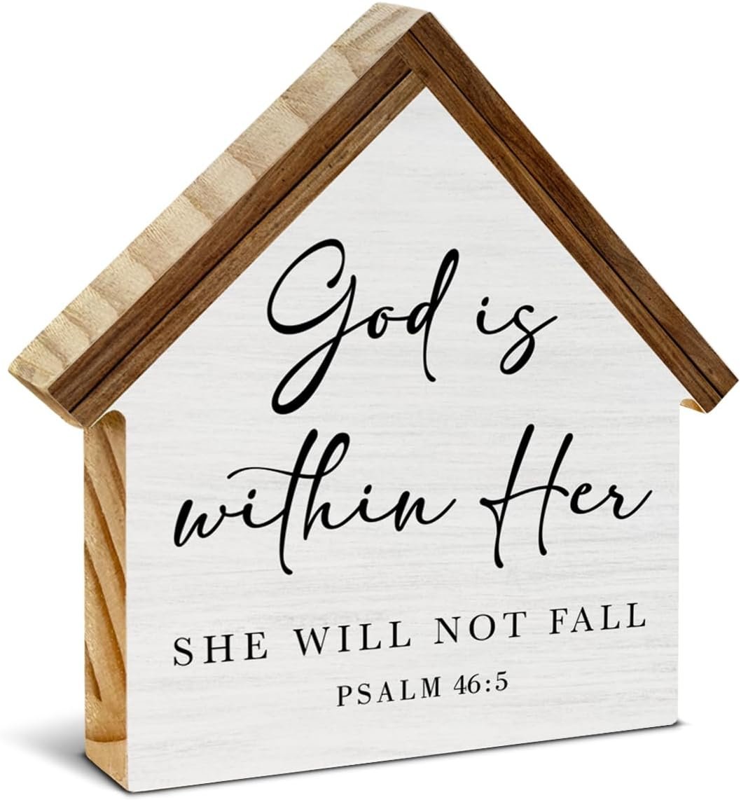 God is Within Her She Will Not Fall Christian Decor, Bible Verse House Shaped Wood Block Sign, Christian Office Home Decor for Desk Table Shelf