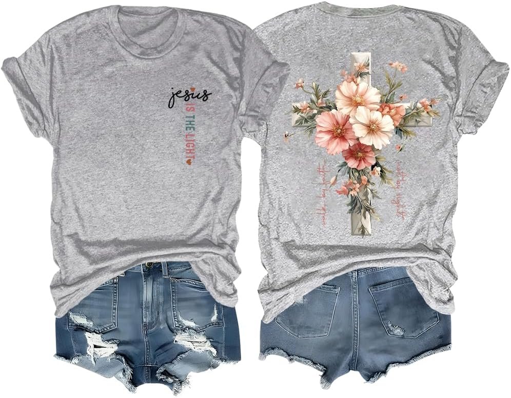 Faith Cross Christian T-Shirt with Boho Floral Cross Print Short Sleeve Casual Graphic Tee for Women