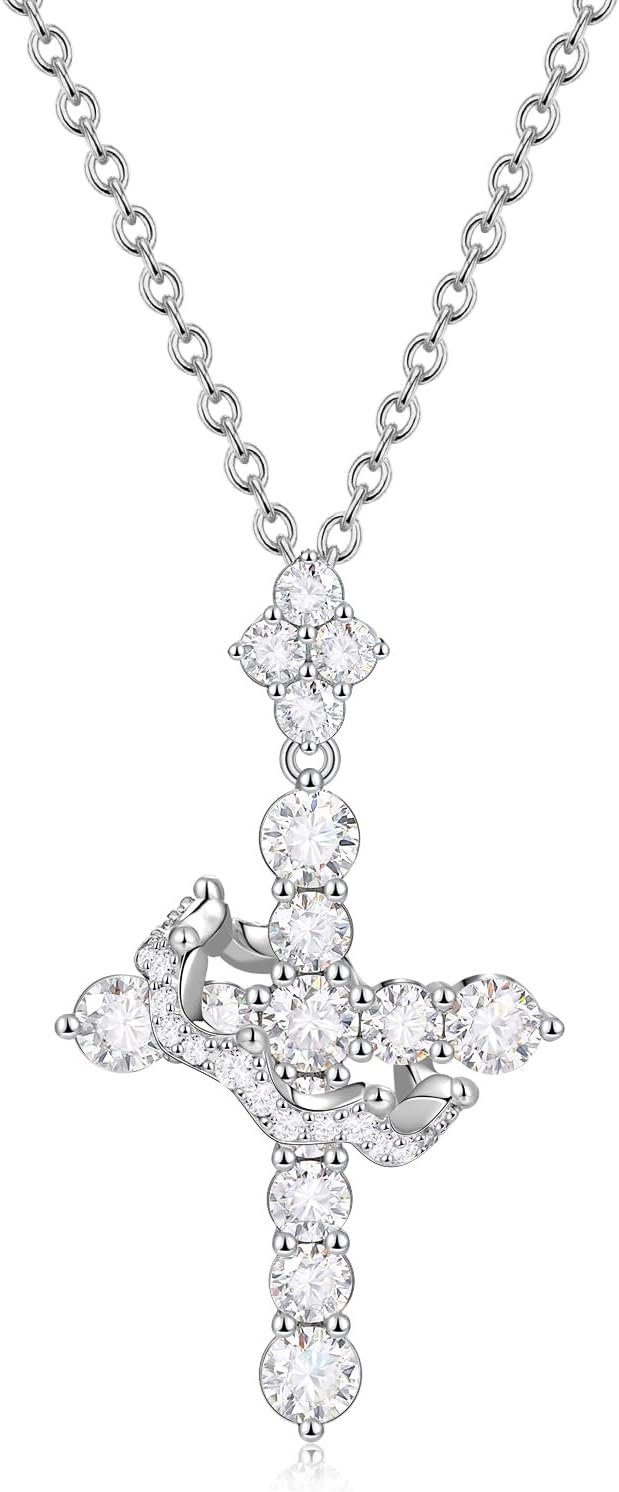 YIMERAIRE Upgraded Moissanite Crown Cross Necklace 14K Gold Vermeil 1.1 Carats Dainty Iced Out Easter Basket Stuffer Cross Jewelry S925 Sterling Silver Simple Gold Christian Faith Moissanite Cross Pendant Necklace For Women