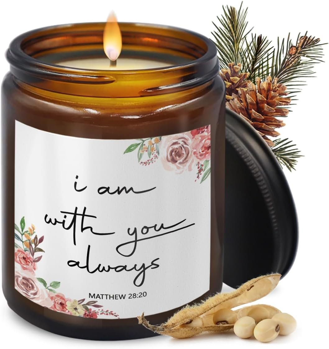 Christian Gifts for Women, Religous Floral Scented Candle, Christian Bible Verse Candle Gifts, I Am with You Always Matthew 28:20, Winter Pine Fragrance Scented Candles, 8 oz