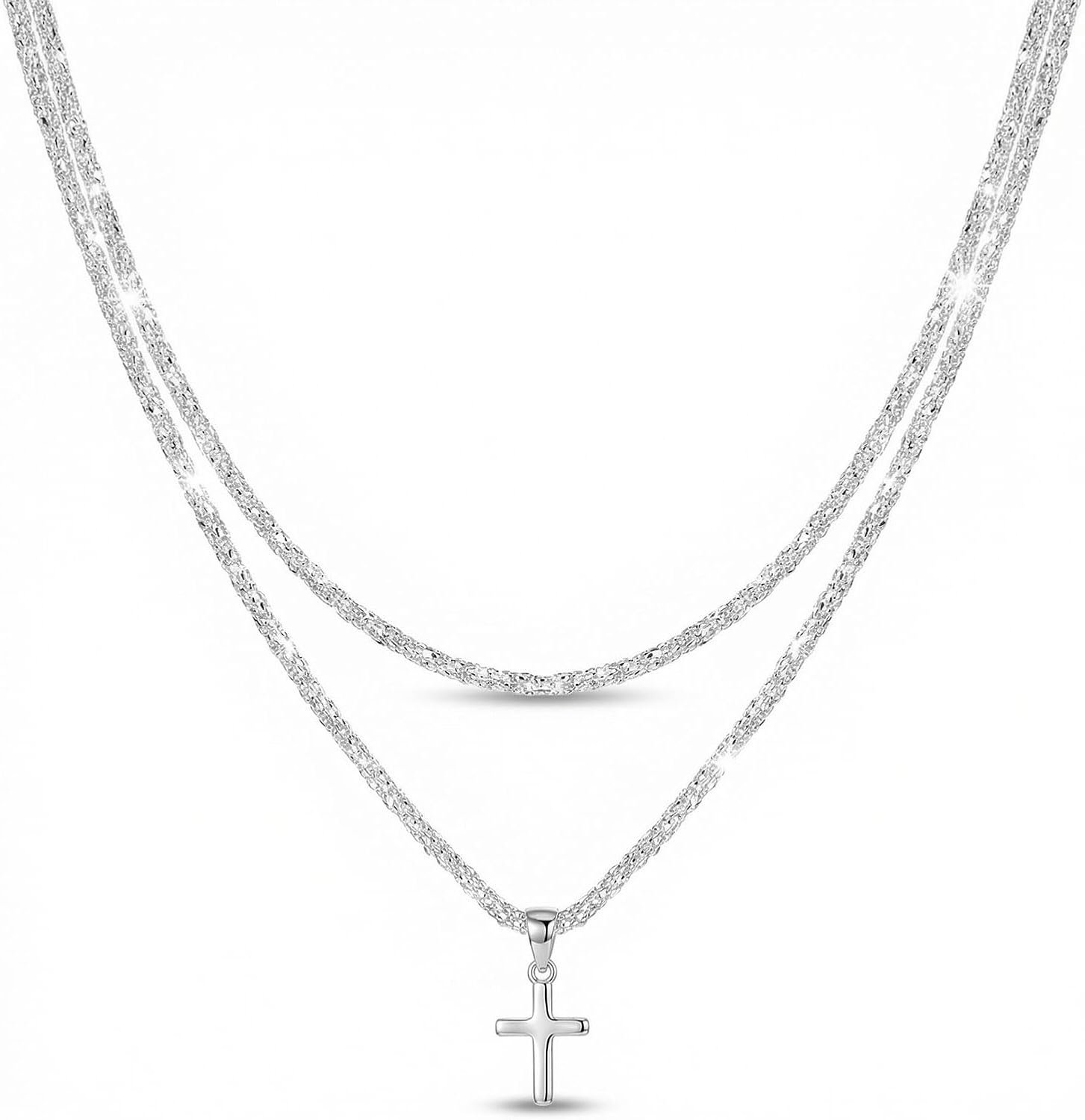 Layered 925 Sterling Siver Cross Charm Pendant Necklace Set for Women Bling Double Layer Rope Chain Choker Layering Necklace Set for Wedding and Any Romantic Occasion