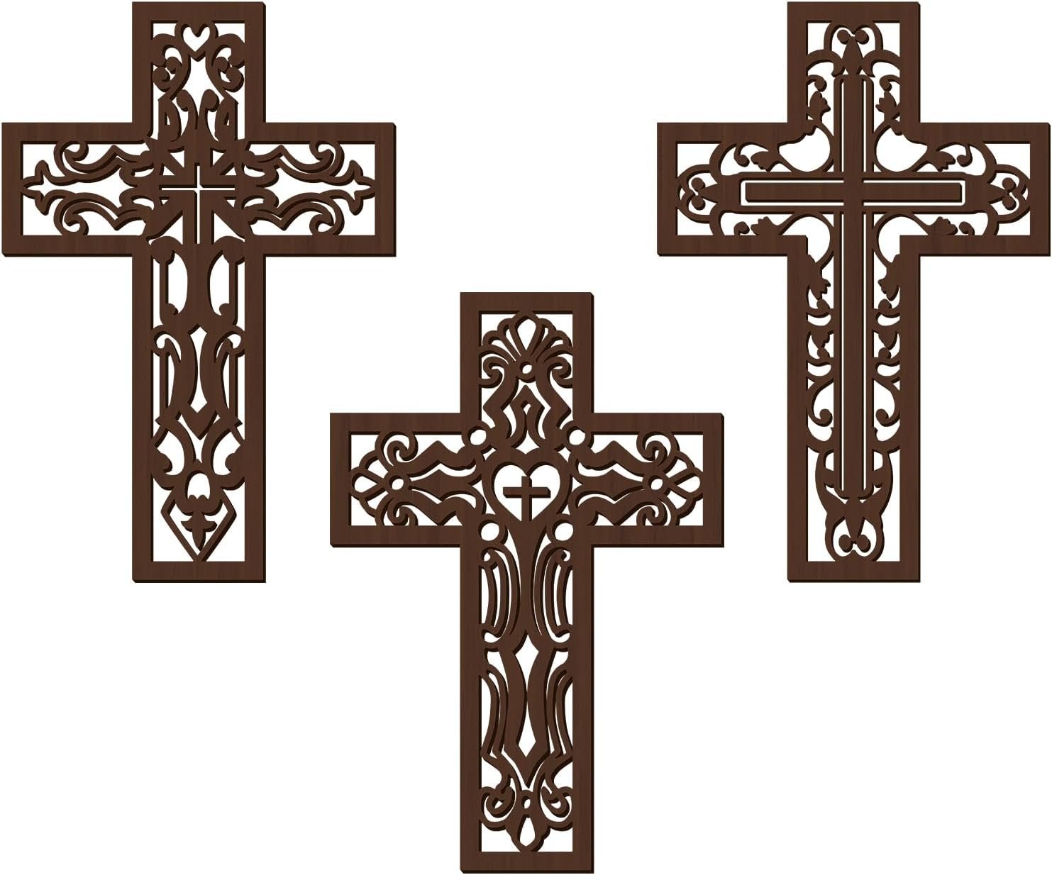Bnesi 3 Pcs Wooden Cross Wall Art – Brown Carved Pattern Religious Crosses for Living Room, Church, Wedding, Office, Hospital