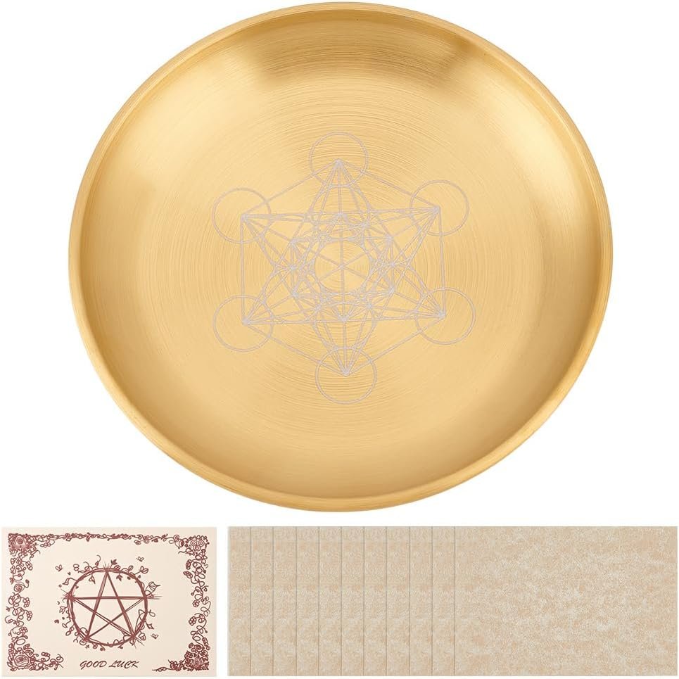5.5Inch Gold Offering Prayer Ritual Bowl Stainless Steel Altar Ritual Plate with 12Pcs Parchment for Smudging Decoration Trays Meditation Witchcraft Candle Holder (Hexagram)
