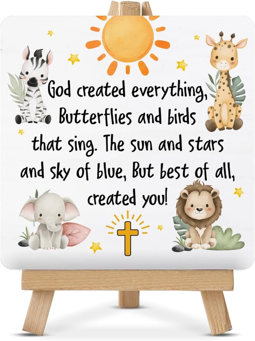 Baptism Gifts for Girl Boy – Nursery Decor – Baptism Decor – Christening Gifts for Boys Girls – God Crearted Everything Wood Sign with Easel Home Nursery Desk Tabletop Shelf Tiered Tray Decorations