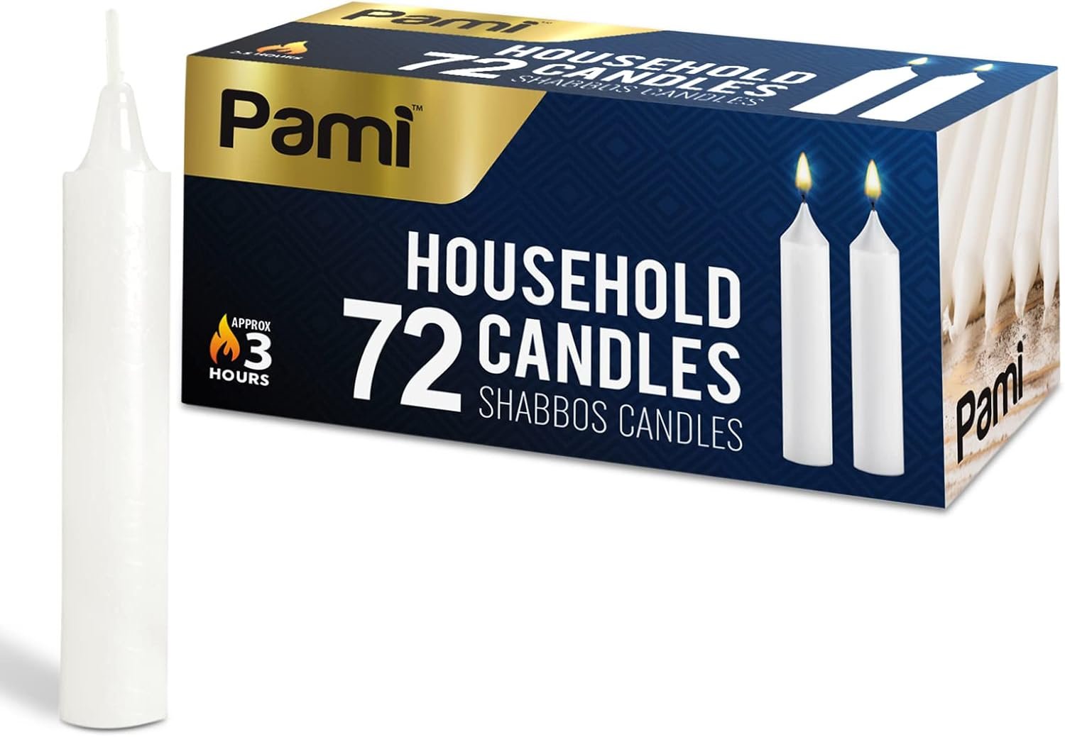 PAMI Traditional Shabbat Candle Sticks [72-Pack] – Unscented Taper Candles with 3 Hours Burning Time- Paraffin Shabbos Candles with Beautiful Flame- Tall Dinner Candles for Candlestick Holders
