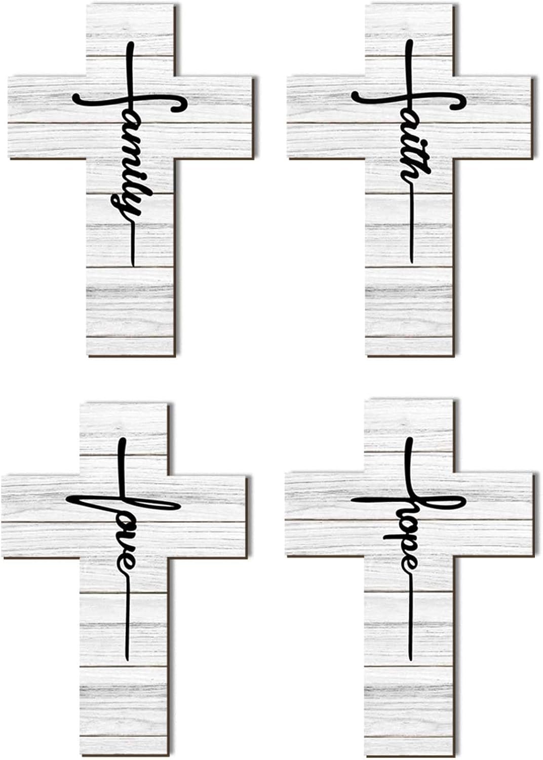 Bnesi 4PCS Christian Wall Decor Set Farmhouse White Cross Art with Family Faith Love Hope Religious Cross Decor for Home Ideal Christian Decor for Living Room Bedroom Spiritual Spaces (White)