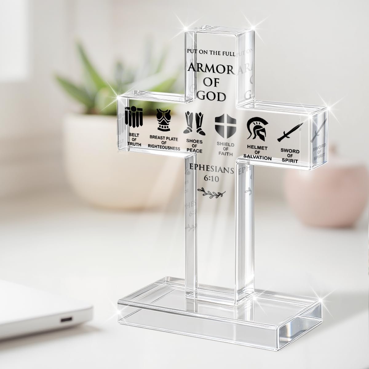 Christian Religious Gifts for Women, Faith Bible Verses Jesus Gifts for Women Men, Inspirational Scripture Gifts, Put on the Full Armor of God Acrylic Desk Sign Plaque for Home Office