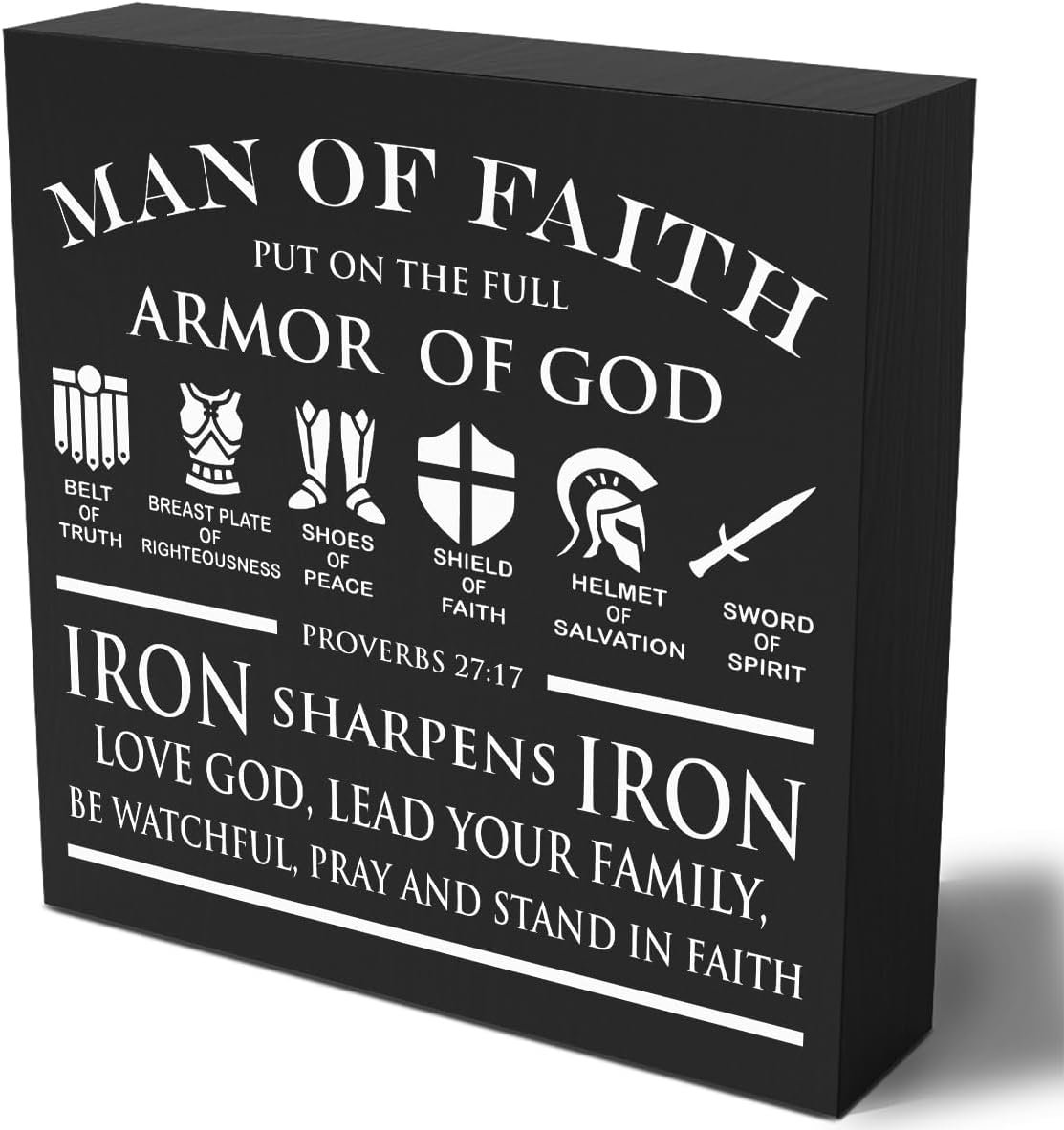Christian Wooden Box Sign Plaque Man of Faith Put on the Full Armor of God Black Wood Box Sign Rustic Art Home Shelf Desk Decor 5 x 5 x 1 Inches