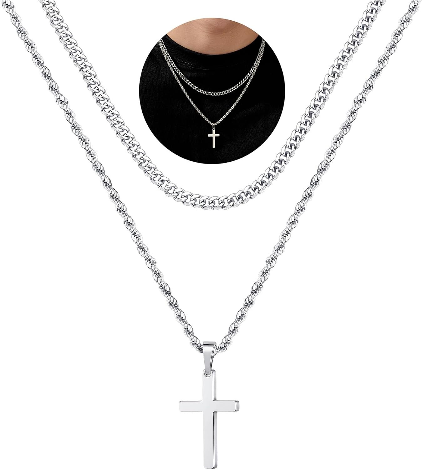 Cross Necklace for Men – Fathers Day Gift, Gold Black Silver Mens Cross Necklaces Stainless Steel Cross Pendant Necklace Simple Jewelry Gifts Cross Chain Necklaces for Men