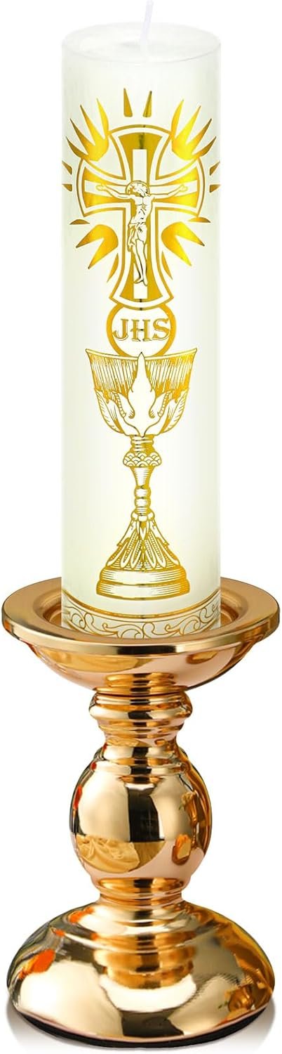 Cirios Pascual Catolico Paschal Candle with Holder Catholic First Communion Baptism Gift Virgen De Guadalupe Cross Prayer Candle Decoration for Catholic First Communion Church Supplies(Classic Style)