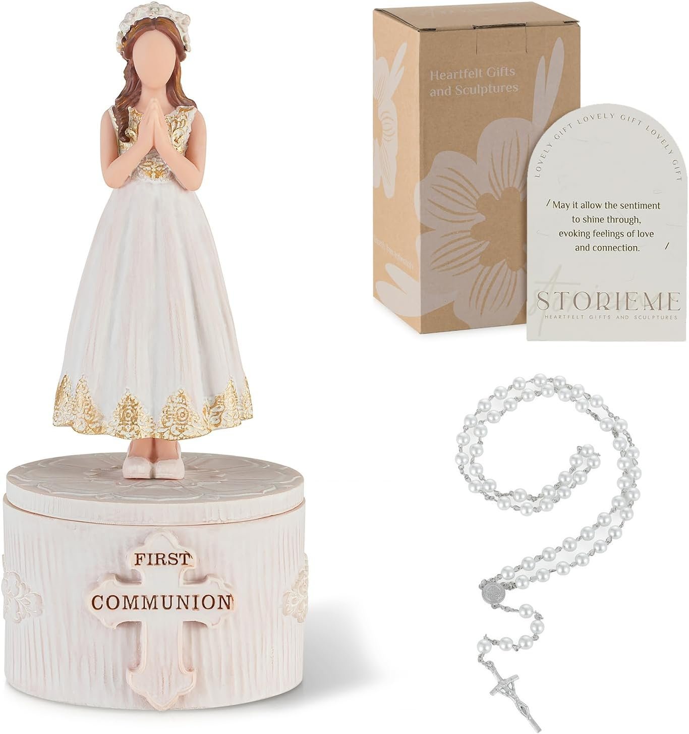 Storieme First Communion Gifts for Girls: 1st Holy Communion Decorations Keepsake Box with Rosary Cross Bracelet – Christian Religious Catholic Present for Baptism Confirmation
