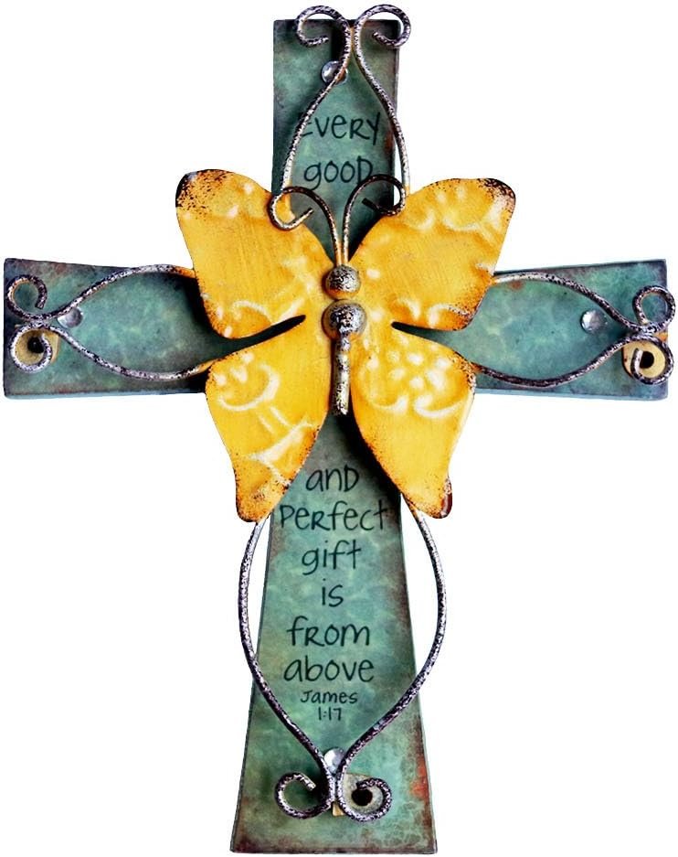 MelinSam Wooden Wall Cross Christians Cross with Antiqued Metal Butterfly and Inspirational Prayer Inscribed Blessed for Church Home Room Decoration Gifts
