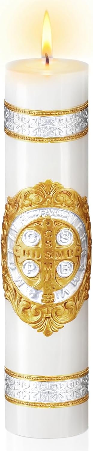 Conelist 8” Cirios Religious Pascual Catolicos Medal Candle Catholic 2026 St Benedict Medals 3D Embossed Candles for Catholic First Communion Baptism Gift Baptism Prayer Easter Party Decoration