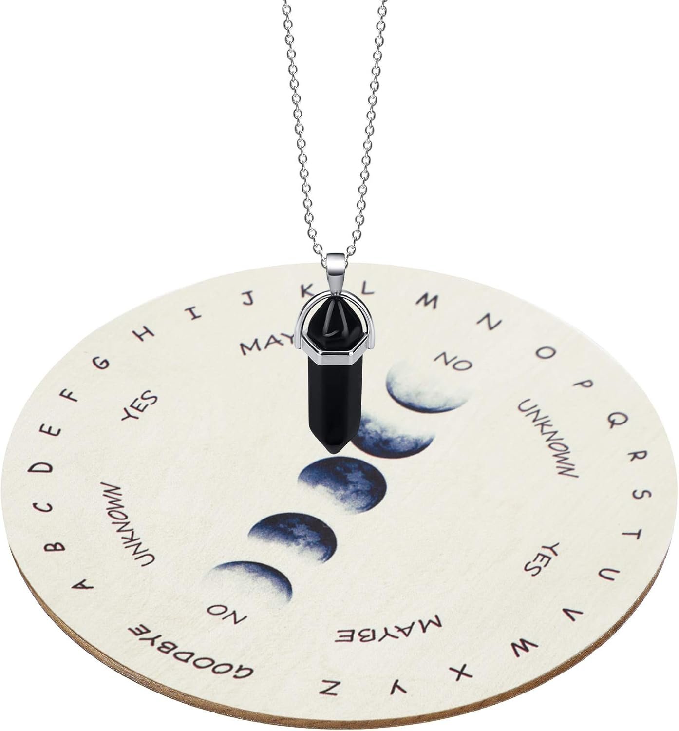 Hicarer Pendulum Board for Divination Moon Phase Pendulum Board Dowsing Divination Metaphysical Message Wood Carven with Crystal Dowsing Necklace Witchcraft Wiccan Altar Supplies, 4 Inch