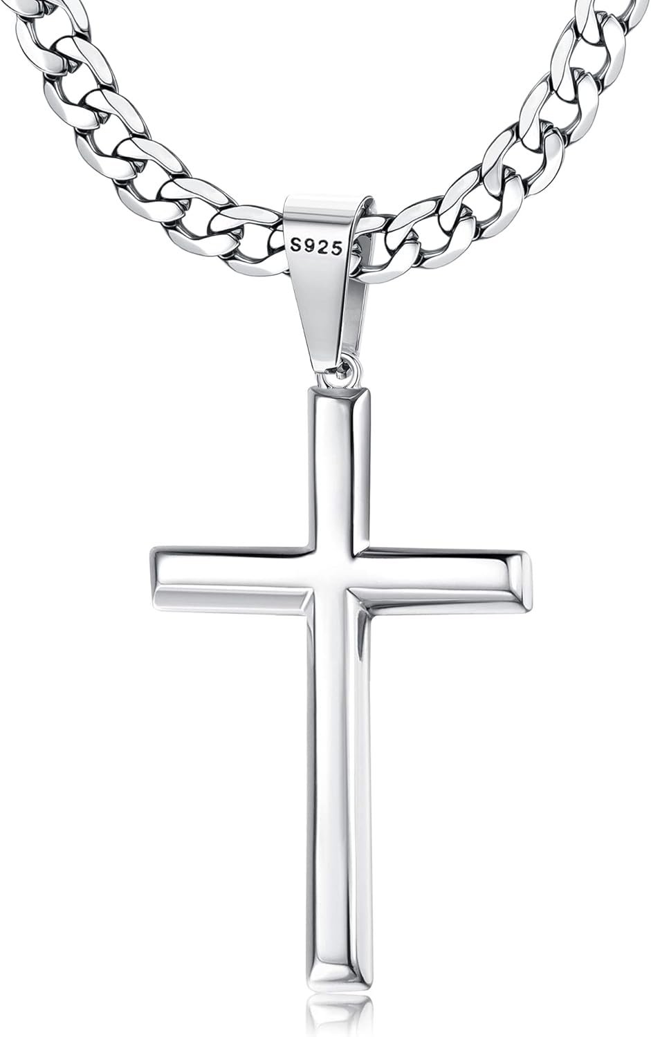 Besteel 925 Sterling Silver Cross Necklace Beveled Edge for Men Women 5mm Stainless Steel Non Tarnish Durable Cuban Link Curb Chain Crucifix Pendant Necklace Jewelry 16-30 Inches Christian Baptism Gifts