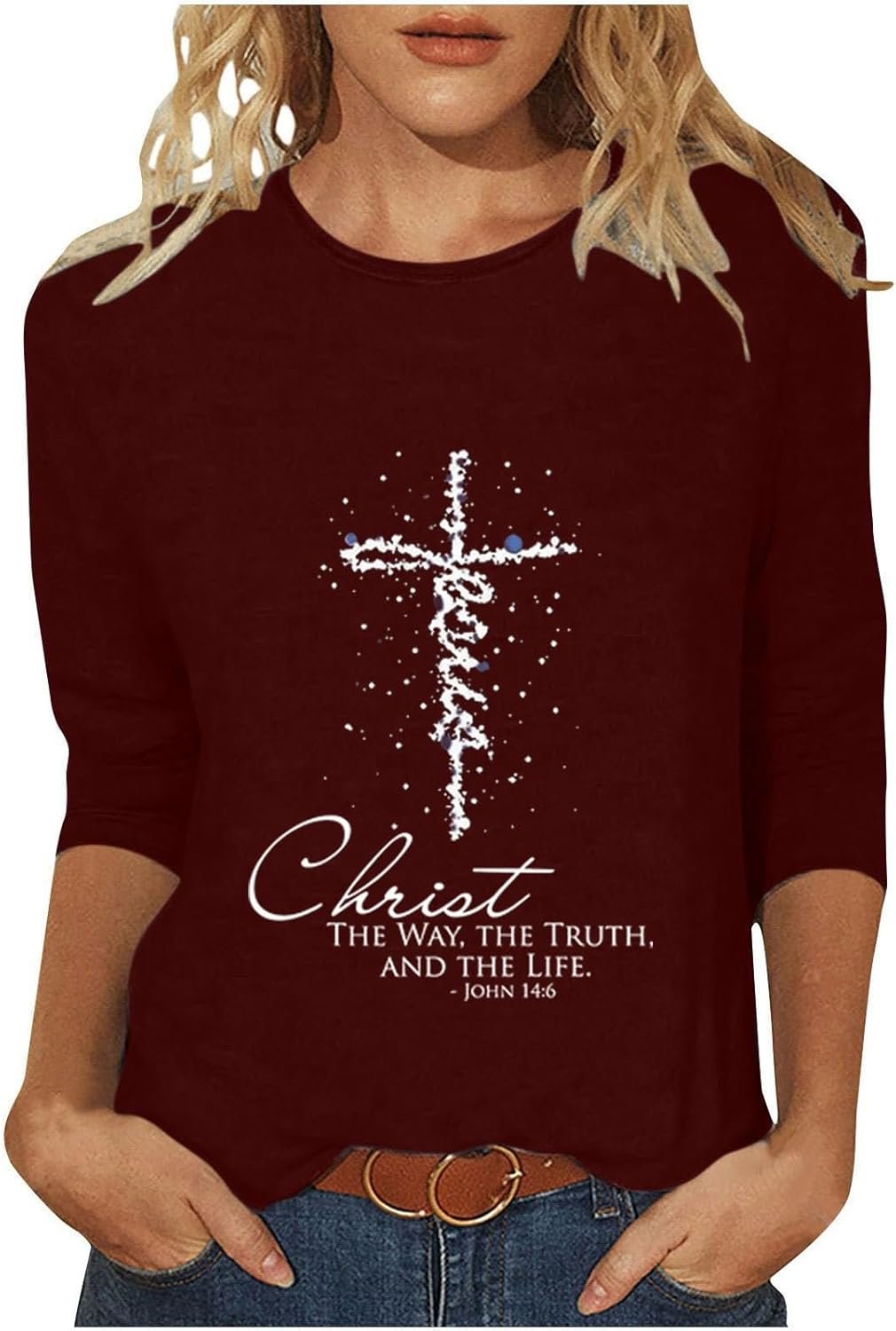 Women Easter Day Tops Jesus Cross Printed Tee Casual Christian Blouse 3/4 Sleeve T-Shirt Religious Blouses