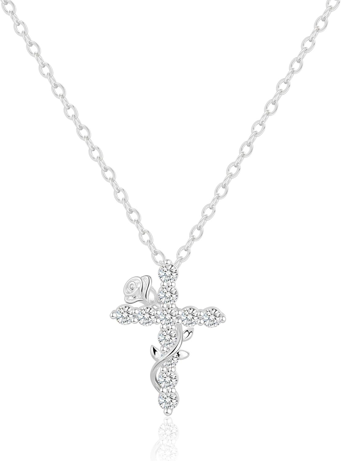 Rotnso Cross Necklace for Women Sterling Silver Plated Dainty Rose Diamond Cross Pendant Choker Trendy Simple Cute Small Cross Charm Chain Faith Jewelry Easter Christian Baptism Religious Gift
