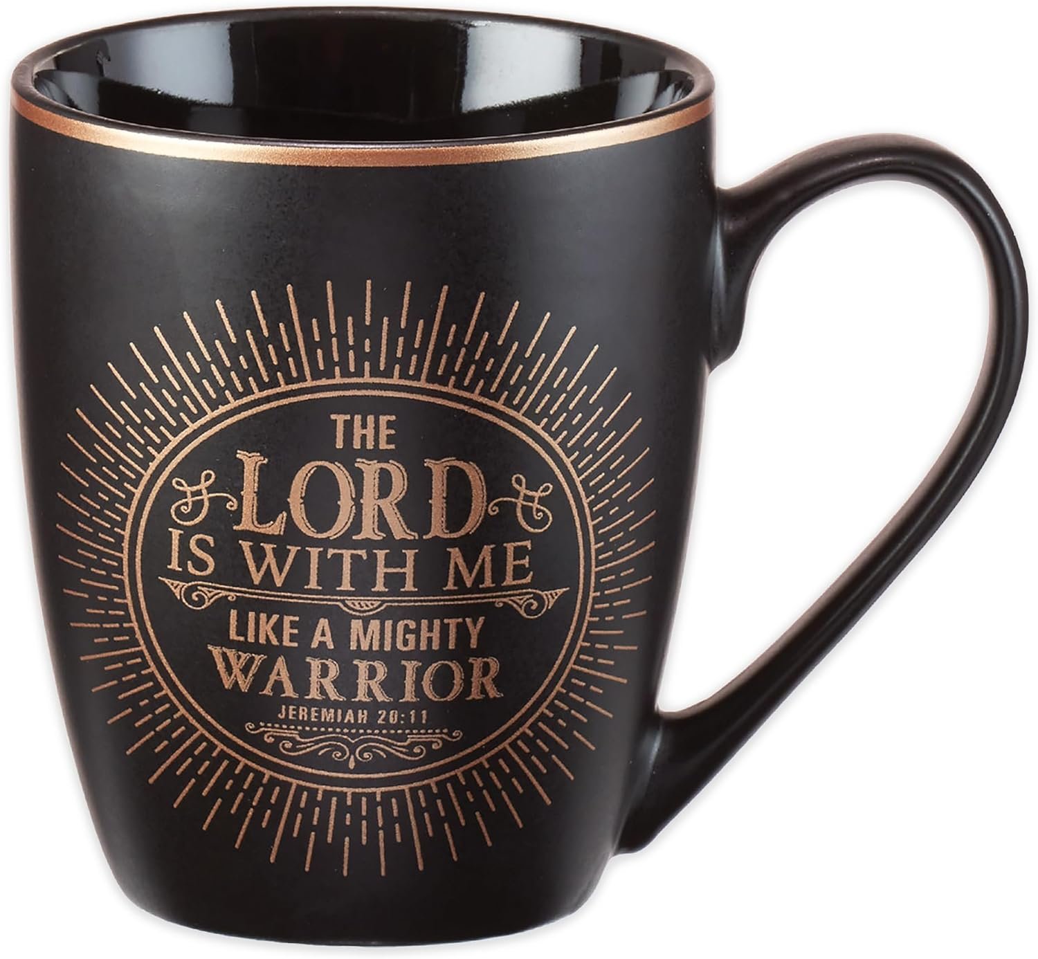 Christian Art Gifts Black Stoneware Coffee Mug with Gold Rim for Women and Men – 12 oz. Lead and Cadmium-free Coffee and Tea Mug with Inspirational Bible Verse: The Lord Is With Me – Jeremiah 20:11