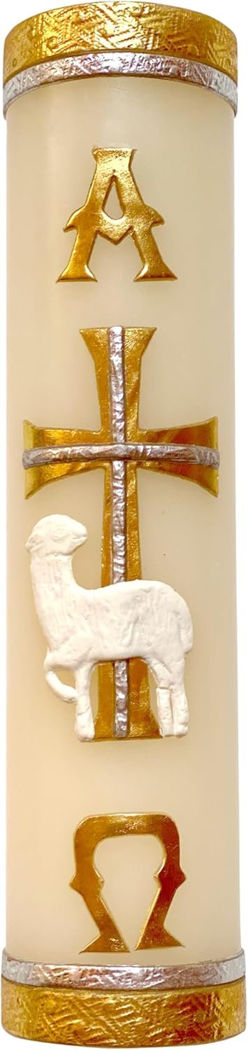 Unique Paschal Gold-Tone Candle Alpha Omega Cross Sheep