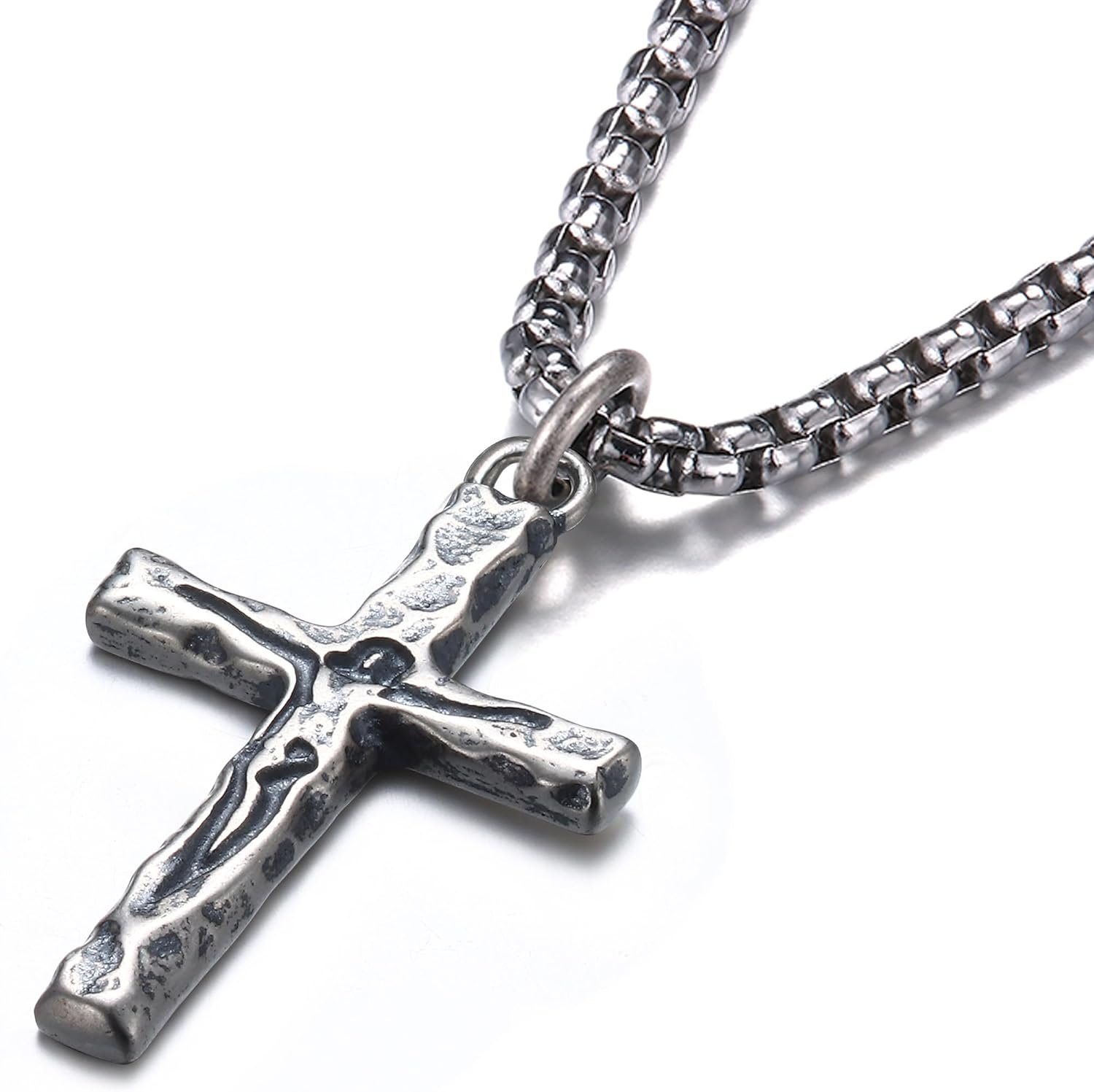 925 Sterling Silver Cross Crucifix Necklace Men – Sterling Silver Carved Jesus Cross Pendant with Stainless Steel Box Chain Catholic Necklaces Christian Jewelry for Mens Women 18-26 Inch