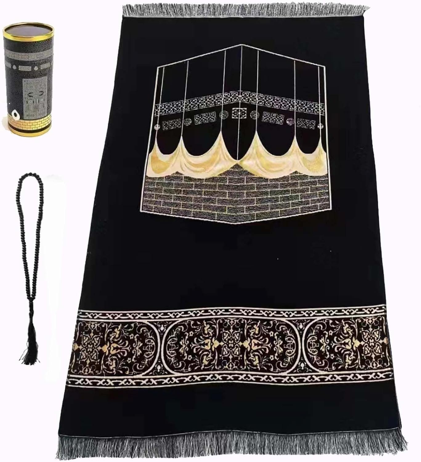 Muslim Prayer Rug & Beads Set with Stylish Cylinder Gift Box Janamaz Sajadah Ultra-Soft Taffeta Prayer Mat Perfect Islamic Spiritual Gift for Ramadan Islamic Wall Pattern Black