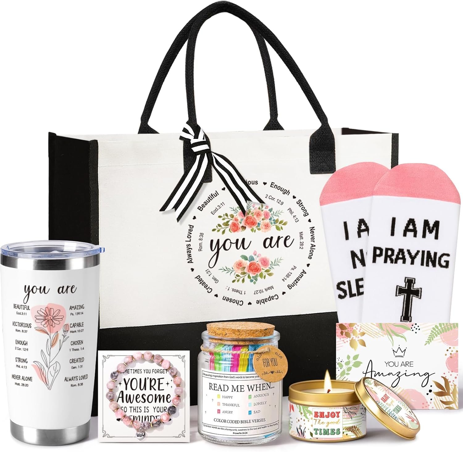 Christian Gifts for Women Faith, Inspirational Religious Gifts Baskets for Women w/Tumbler Canvas Tote Bag Bible Verse Jar, Birthday Mothers Day Christmas Gift for Mom Grandma Sister Friends