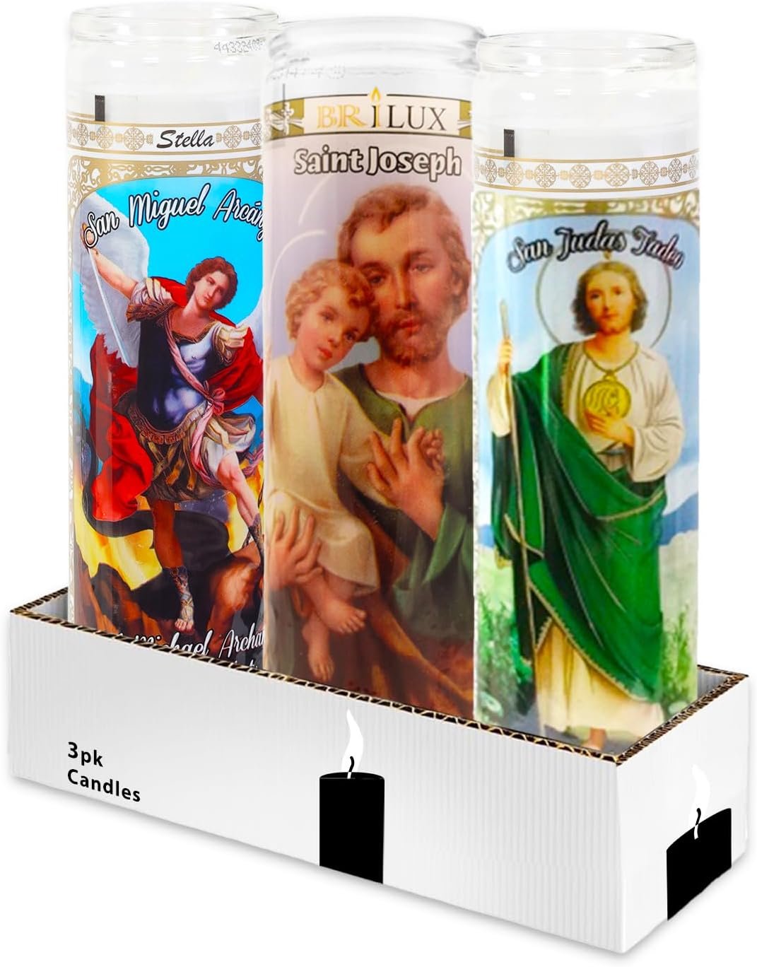 3 Pack Religious Set – Bundle 8″ Saint Joseph, Saint Jude, and Michael The Archangel Candles for Vigils, Prayers, More | White Candles in Glass