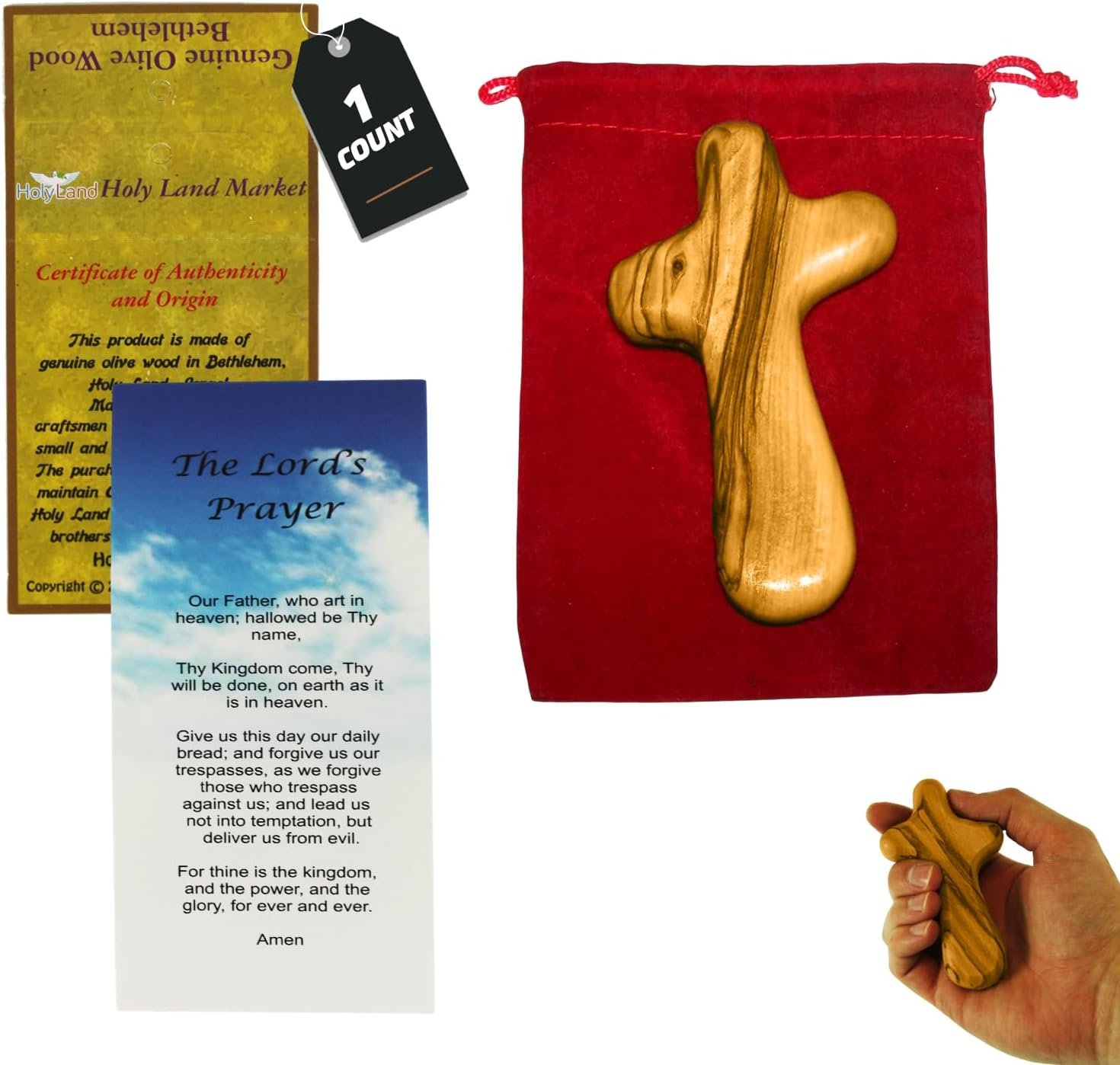 Holy Land Market Comfort/Holding Cross Also Known as Palm or Hand Cross With Velvet Bag And Two Certificates (4 Inches) (1)