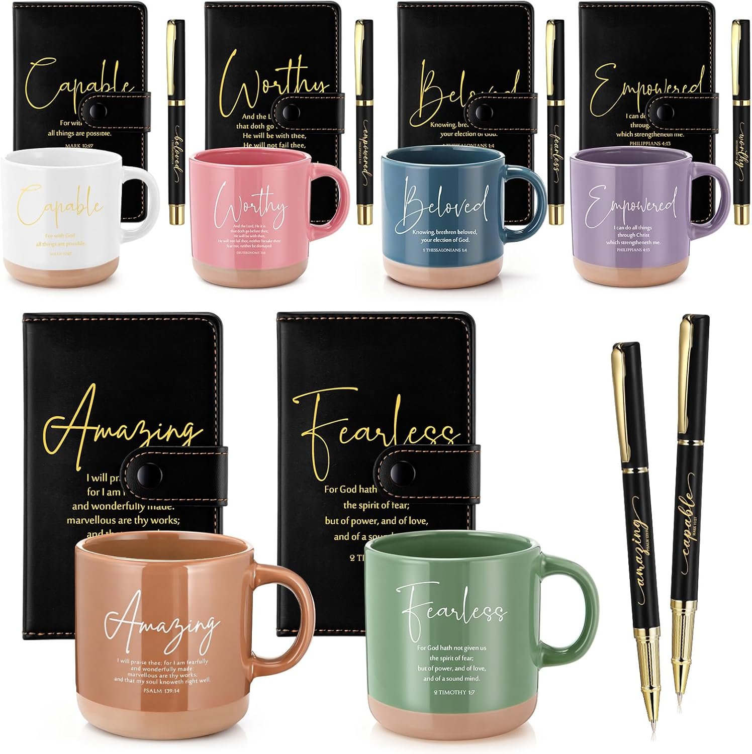 Potchen 18 Pcs Christian Father’s Day Church Gift 13oz Bible Verse Ceramic Coffee Mugs with Leather Journal Pen Inspirational Religious Gift for Male Teacher Nurse Pastor (Bible,Morandi Black)