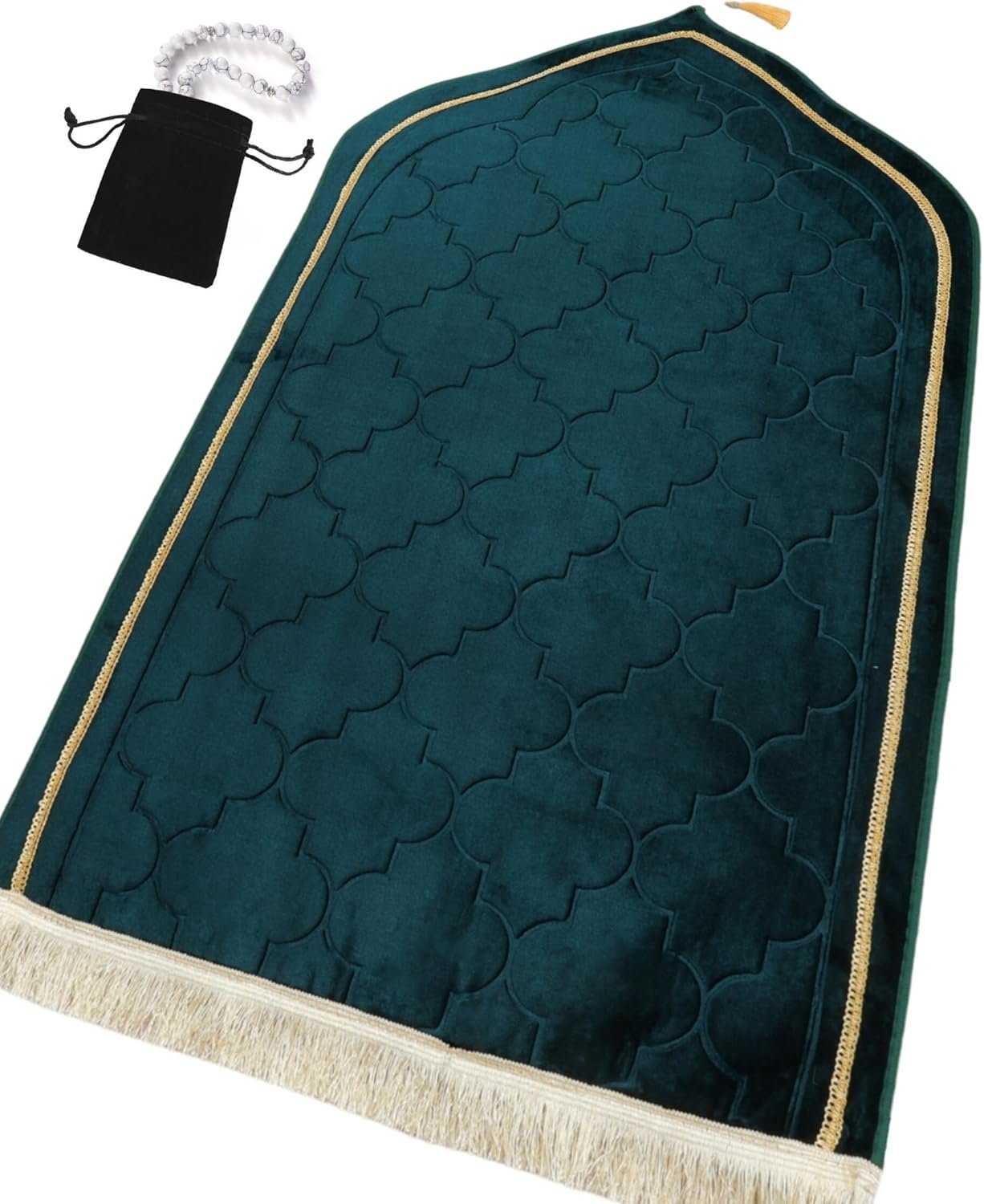Islamika Prayer Mat Islamic Muslim Rug – Thick Padded mat Sajadah Men Women with Islam Prayer Beads for Eid Travel Ramadan, Soft and Padded (Green)