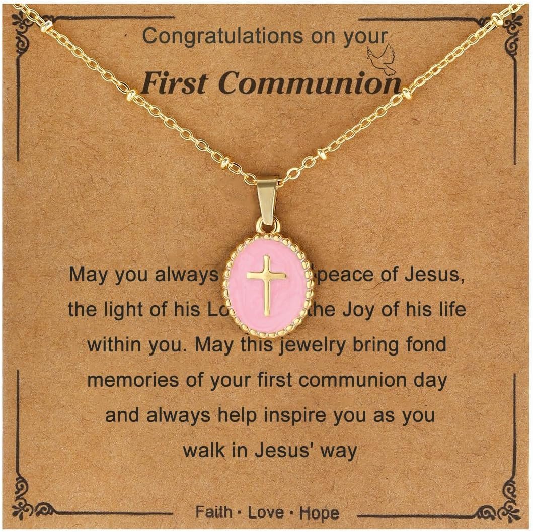 enasal Colorful Cross Necklace Baptism Christian Gifts for Girls Kids, First Communion Christening Birthday Jewelry for Daughter Granddaughter