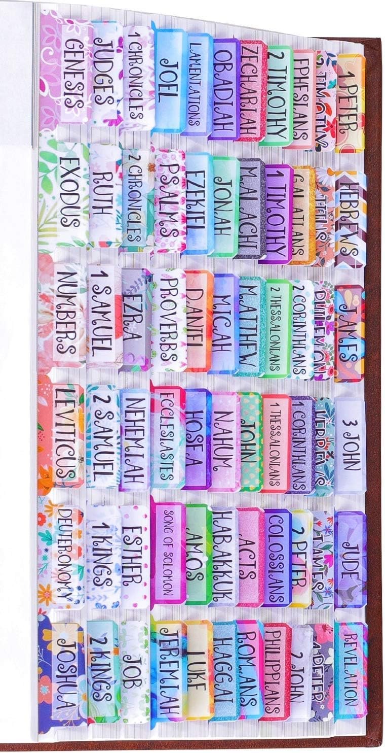 Colorful Floral Bible Tabs Laminated with Matte Film, Cute Bible tabs for Women and Girl, 90 Bible Index tabs in Total, 66 tabs for Old and New Testament, Additional 24 Blank tabs
