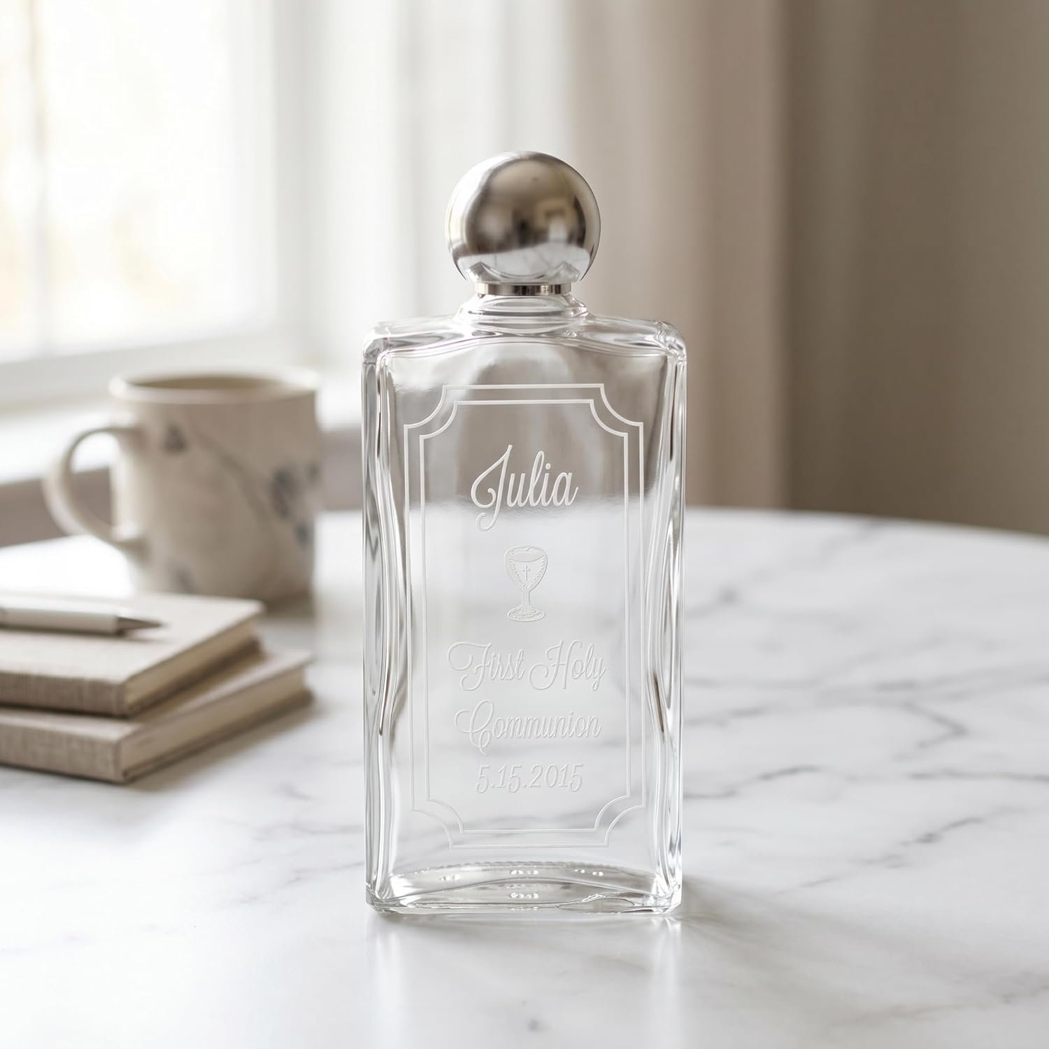Personalized Glass First Holy Communion Water Bottle – Customized Engraved Catholic Communion Gift for Boys & Girls – Holy Water Religious Dedication Christening Keepsake