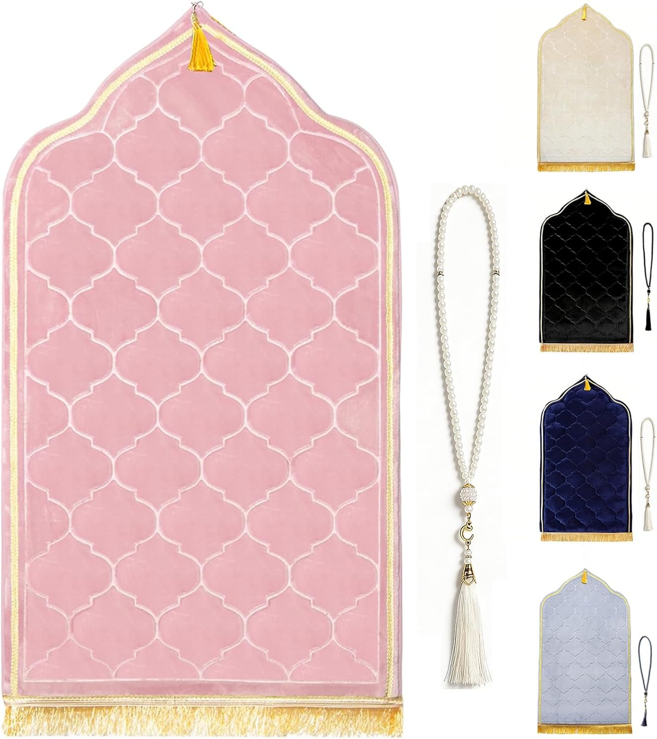 Muslim Prayer Rug with Tasbih Prayer Beads, Extra Thick Padded Non-Slip Islamic Prayer Matt,Turkish Praying Carpet Ottoman Blankets Ramadan Gift for Ramadan, Eid, Hajj, Travel, Pray（Pink）