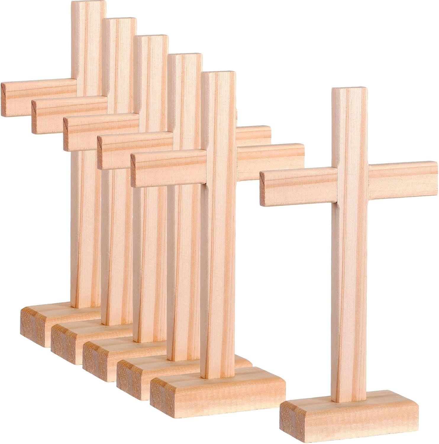 Suzile 6 Pcs Wooden Crosses for Craft Centerpiece Bulk Christian Nativity Tabletop Standing Baptism Religious Church Cross Sunday School First Communion Easter Party Favors, 8.66 x 4.72 Inch