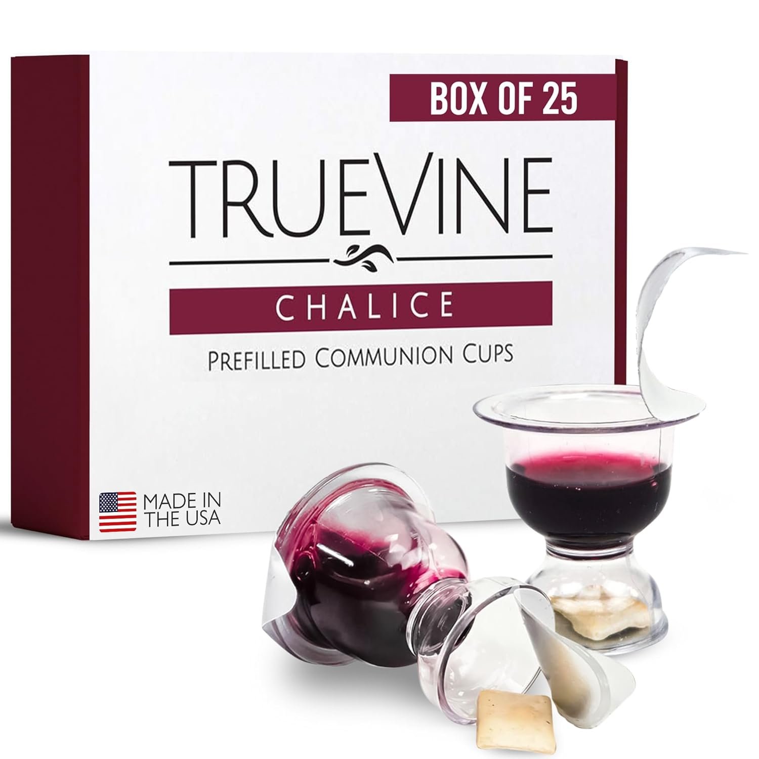 TrueVine Chalice Communion Cups and Wafer Set – Prefilled Cups w/ Fresh Unleavened Bread & Grape Juice – Carefully Packaged & Easy to Open Elements for your Church Services, Fits in Trays (25 Count)