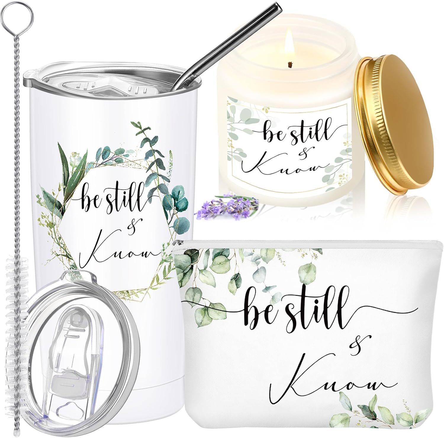 Sieral 3 Pcs Christian Gift Bulk for Women 20oz Tumbler, Prayer Candle & Bible Verse Makeup Bag, Inspirational Religious Faith Birthday Gift for Church Fathers Day Mom Wife(Be Still and Know)