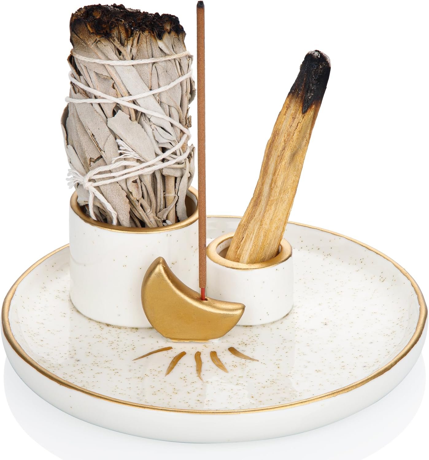ZenBless Multifunction Incense and Candle Holder for Burning Sage, Palo Santo, Incense Sticks – 5.9″ Ceramic Ash Catcher Tray for Meditation Room Home Decor Spritual Gifts (Gold)