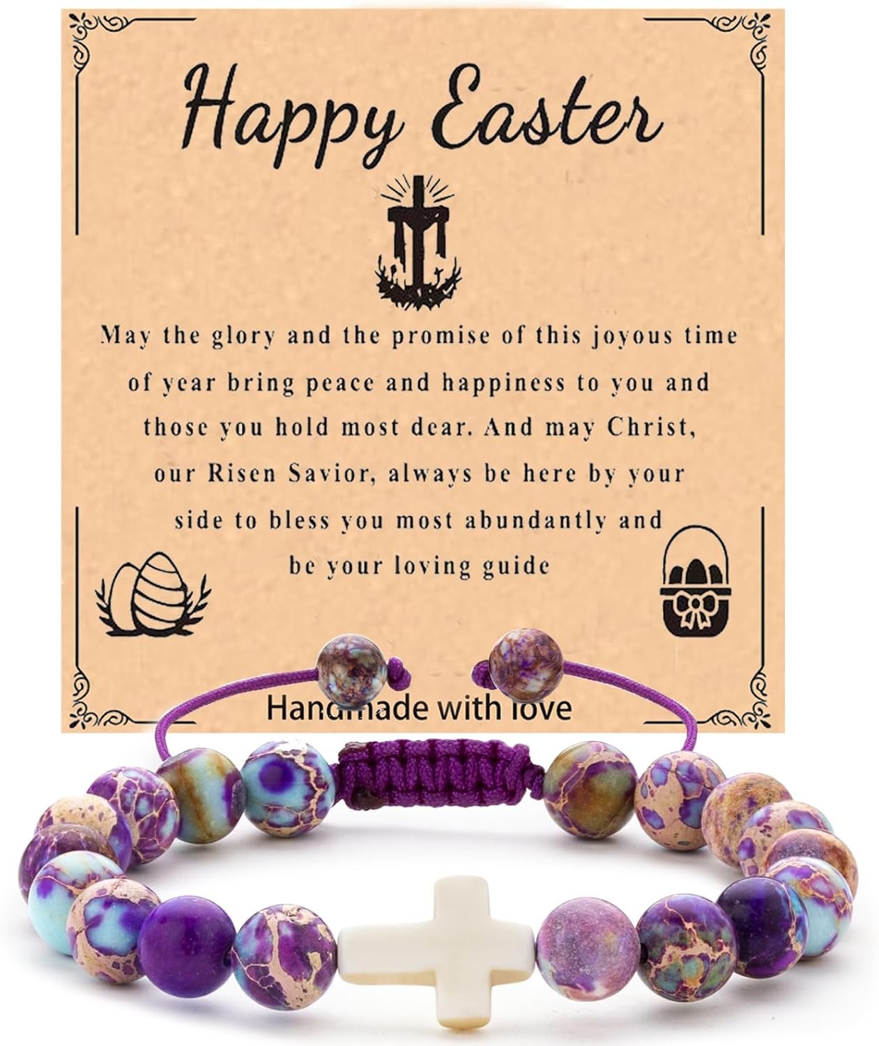 FRG Easter Basket Stuffers for Girls, Cross Charm Bracelet Easter Gifts for Womens Natural Stone Beaded Bracelet Christian Gifts for Girls Inspirational Jewelry