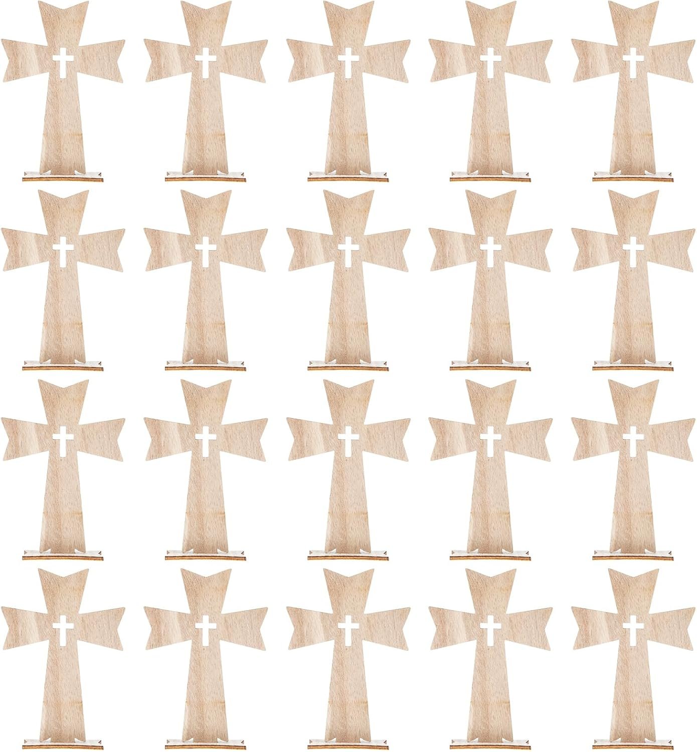 DOITOOL 20 Pack Wooden Crosses for Crafts, Unfinished Wood Crosses Baptism Wall Cross Catholic Standing Cross with Bases for Baptism Centerpieces Church Decor