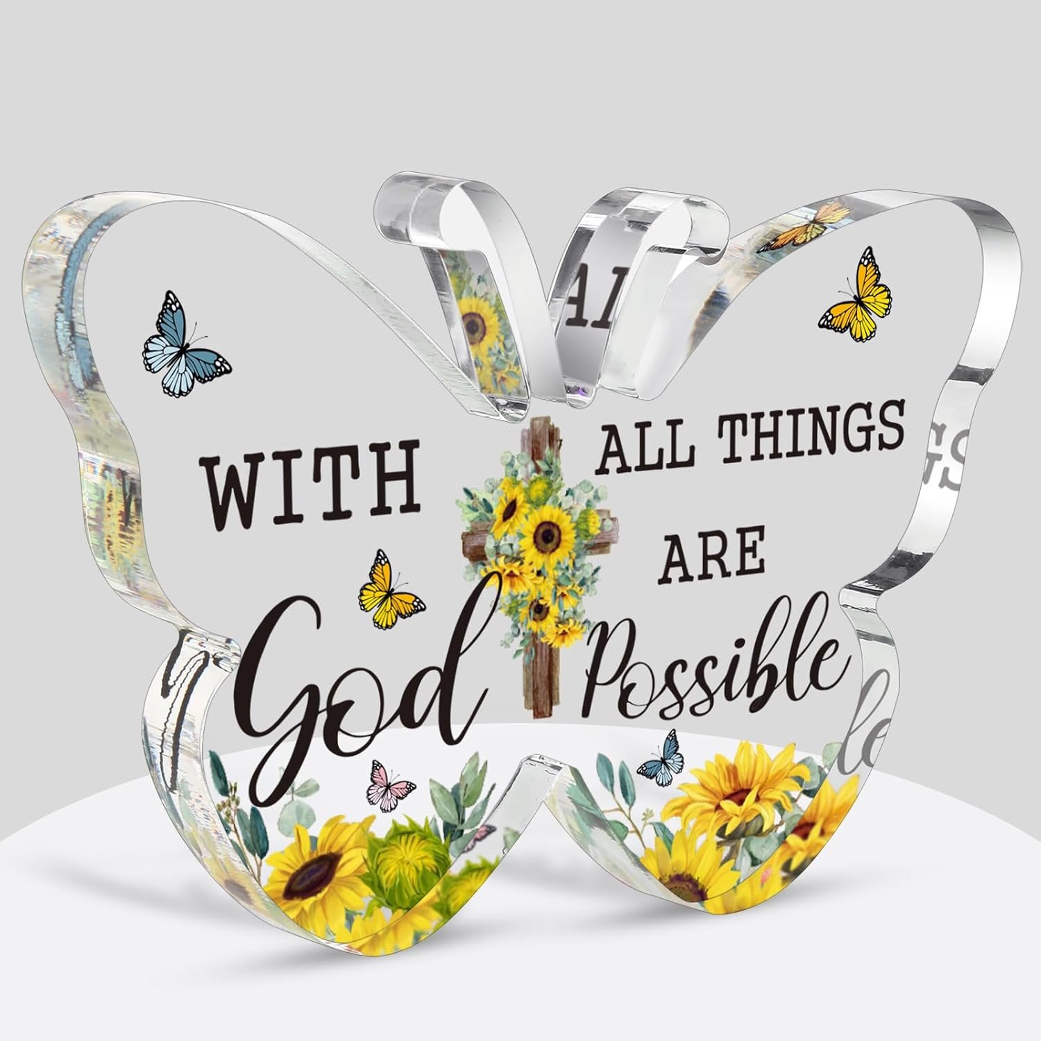 Barydat Christian Gifts Bible Verses Religious Sunflower God Gifts for Women Men Acrylic Inspirational Scripture Butterfly Prayer Room Decor Faith Keepsake Paperweights for Mother Day Birthday