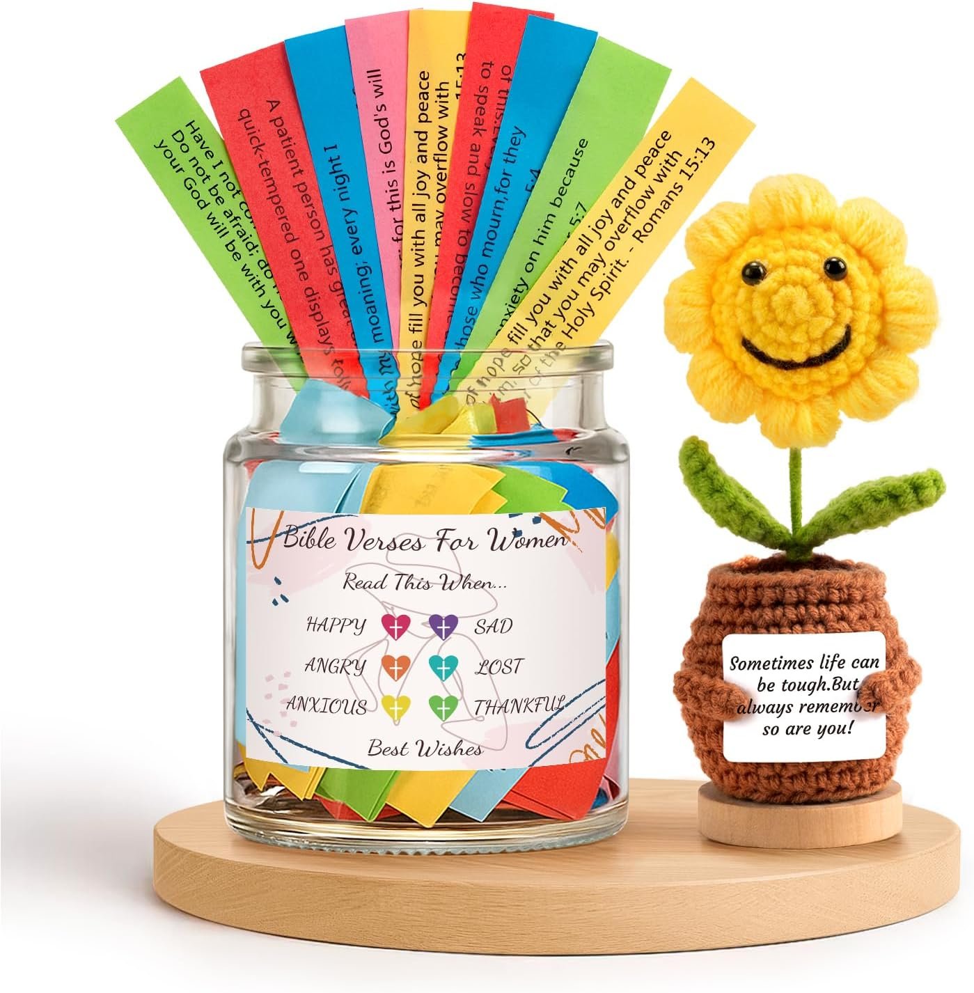 Christian Gifts for Women, Bible Verse Jar with Scripture Messages, Knitted Sunflower, Greeting Card & Gift Box, Inspirational Religious Birthday & Encouragement Gifts for Her