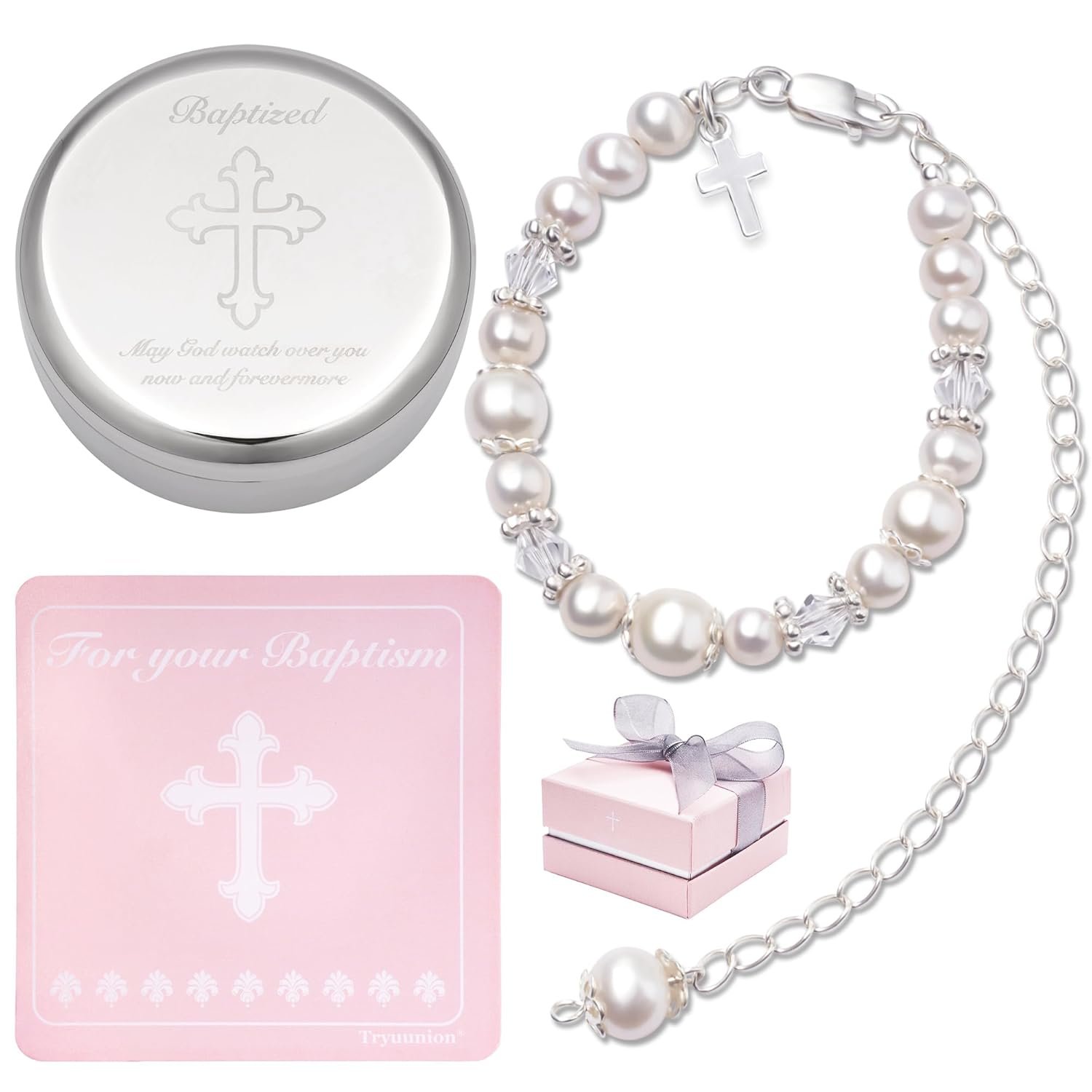 Tryuunion Baptism Bracelet in 925 Sterling Silver and Cultured Pearls for Baby Girls, with Silver-plated Jewelry Keepsake Box, Great Catholic Christening and Baptism Gifts for Girl
