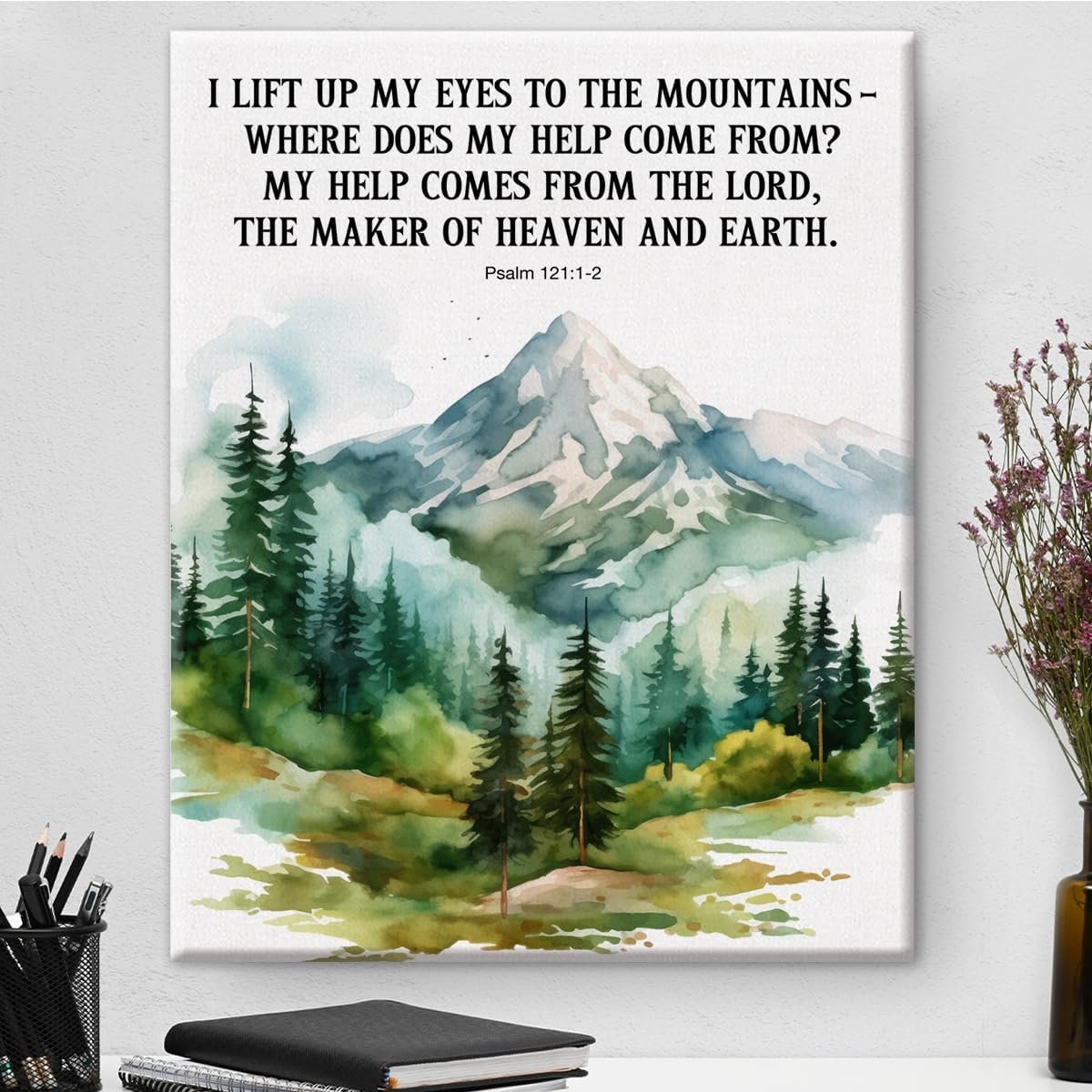 Bible Verse Canvas Wall Art Christian I Lift Up My Eyes to the Mountains Psalm 121:1-2 Scripture Print Poster Picture Forest Mountain Artwork Framed for Home Decor 8×10 Inches