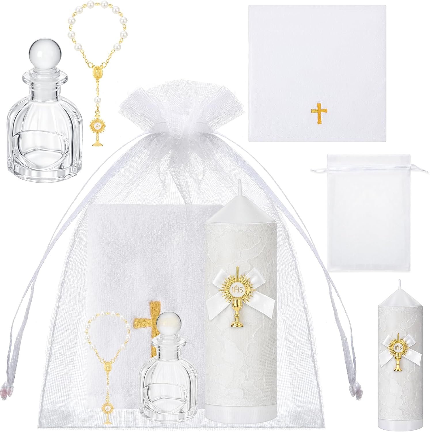 Conelist 5 Pcs Baptism Candle Set for Boys and Girls Christening Set Baptism Kit with Towel Candle Holy Bottle Mini Rosary Organza Bag for Christenings Gift Party Favors