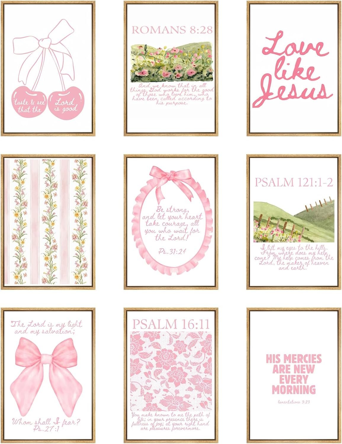 GEFQBBLD 9 Piece Christian Bible Verse Canvas Wall Art Set, Coquette Pink Aesthetic Scripture Prints for Girls Bedroom Nursery Prayer Room 8x10in Unframed