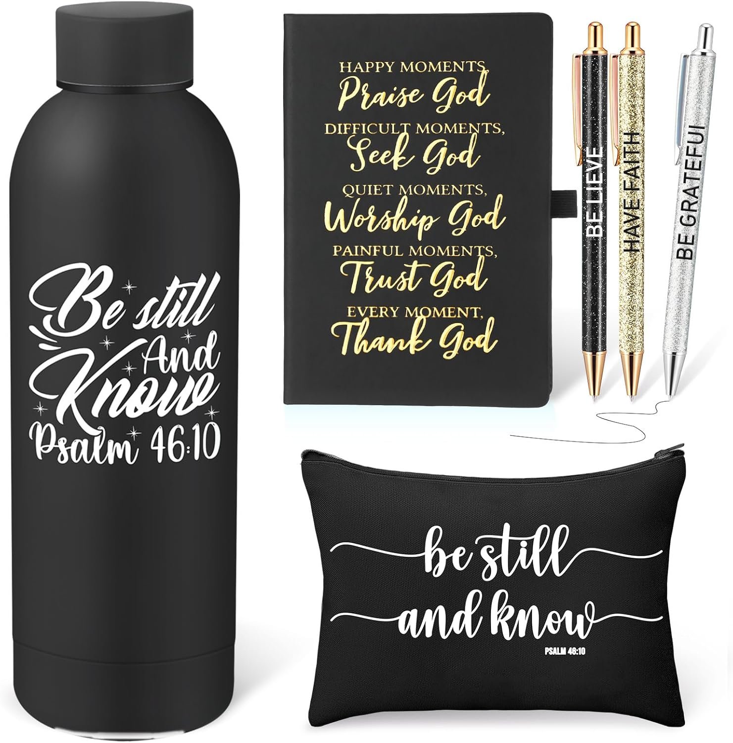 SiliFine 6 Pcs Christian Gifts for Women Be Still and Know Faith Religious Inspirational Thank You Gift Spiritual Birthday Christmas for Water Bottle Cosmetic Bag