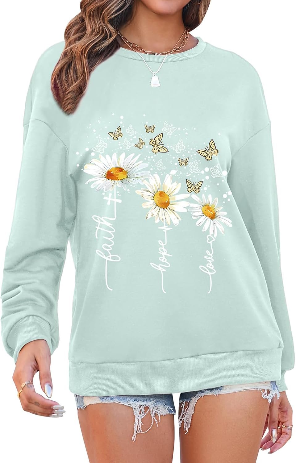 Women’s Christian Sweatshirts,Faith Hope Love Daisy Print Crewneck Long Sleeve Casual Loose Fit Sweatshirt