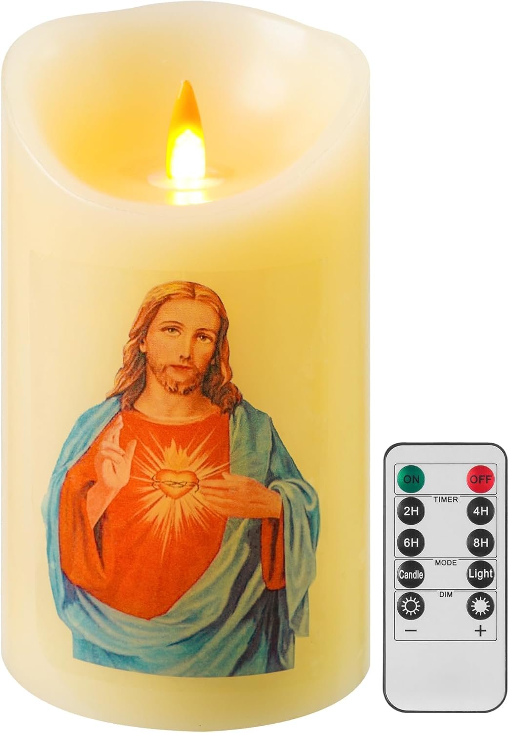 QQFCTOO LED Prayer Flameless Candle with Remote Timer, Battery Powered Candle, Religious Candle, Real Wax, for Home Altar, Church, Devotional,6″ x 3.2″(Jesus – Blue)