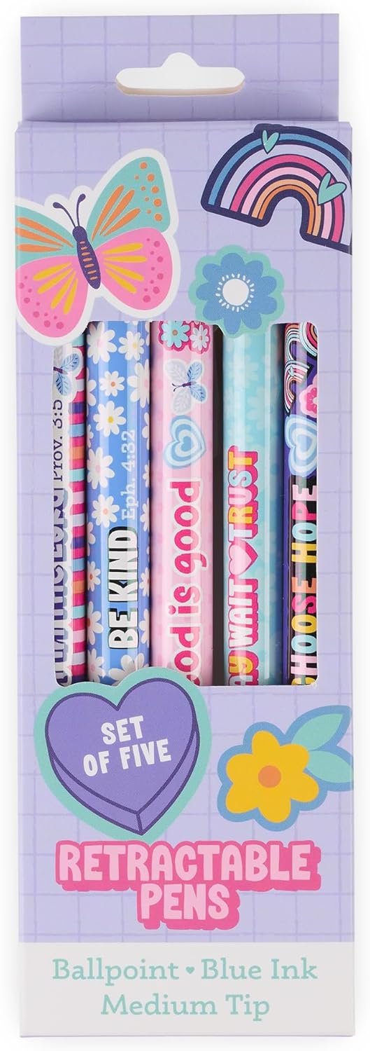 Christian Art Gifts 5 Piece Inspirational Kids Medium Ballpoint Pen Set for Girls: Encouraging Scripture & Quotes, Cute Multicolor Floral Retractable Clip Blue Ink Writing Pens for School Supplies